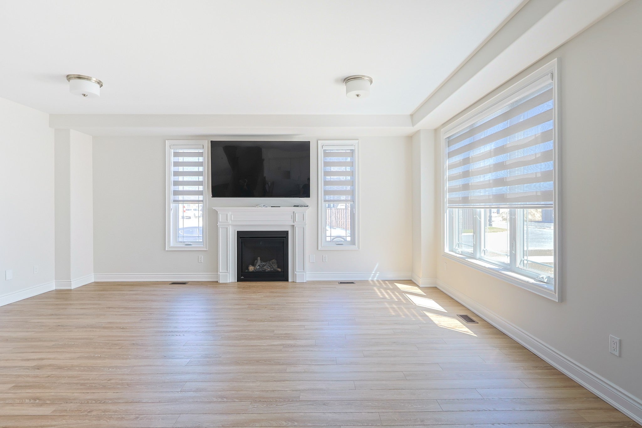Zebra blinds surrounding a fireplace in a modern living room