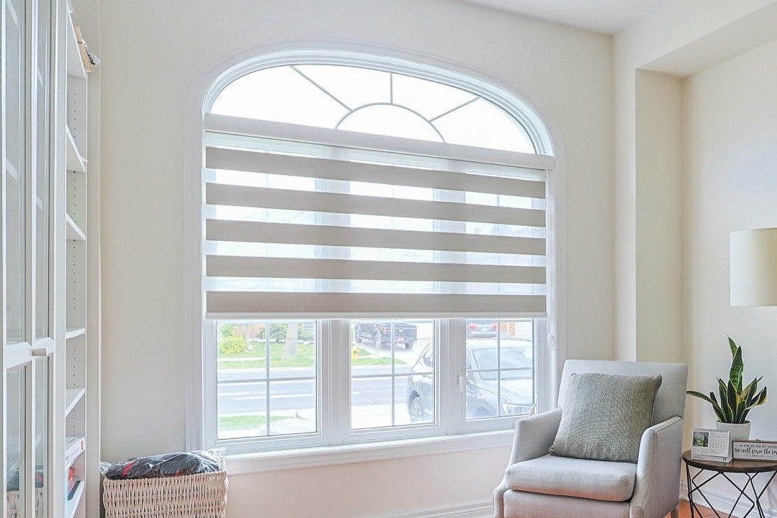Zebra blind fitted to an arched living-room window