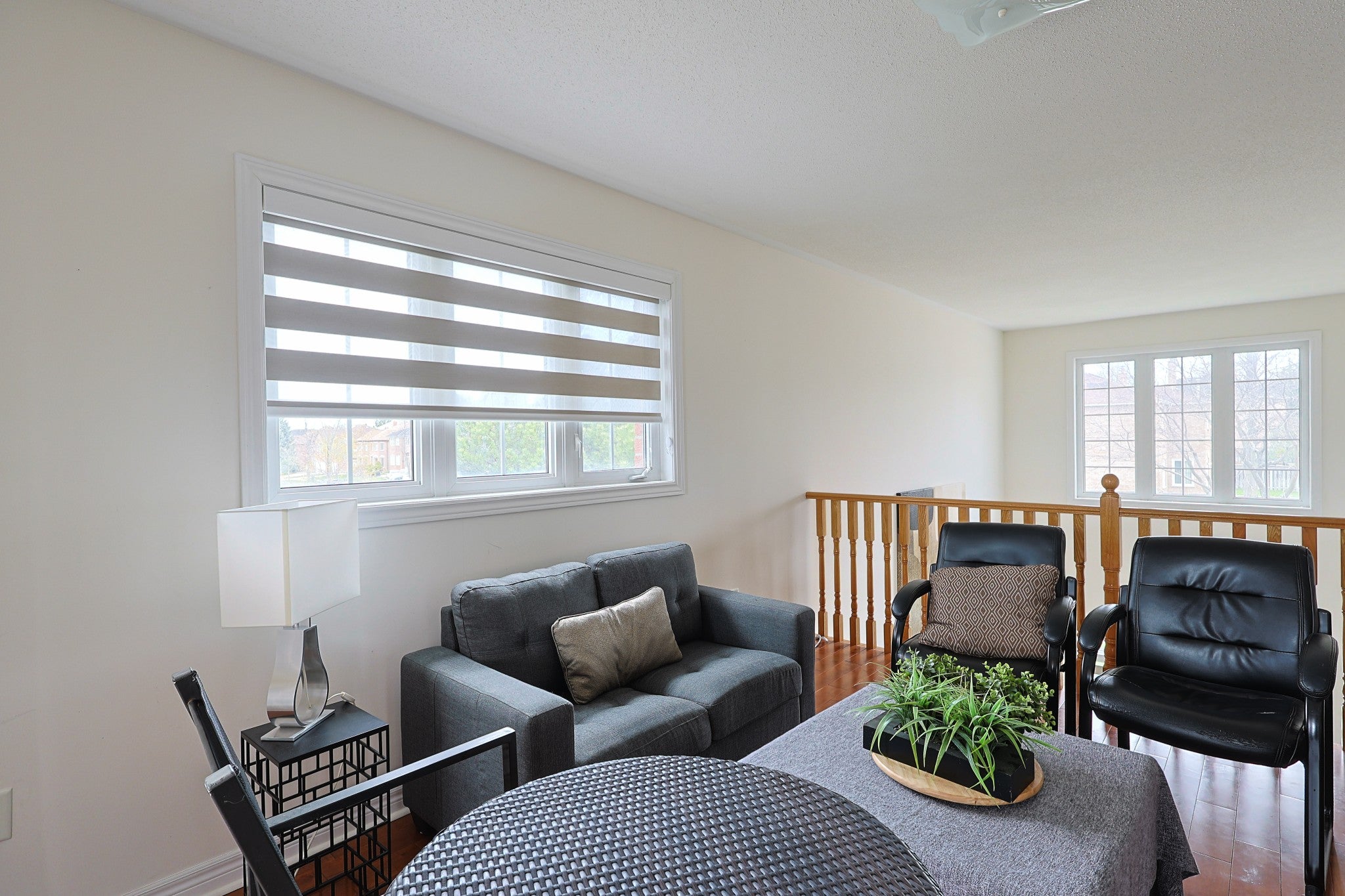 Zebra blind in a living room with a seating area